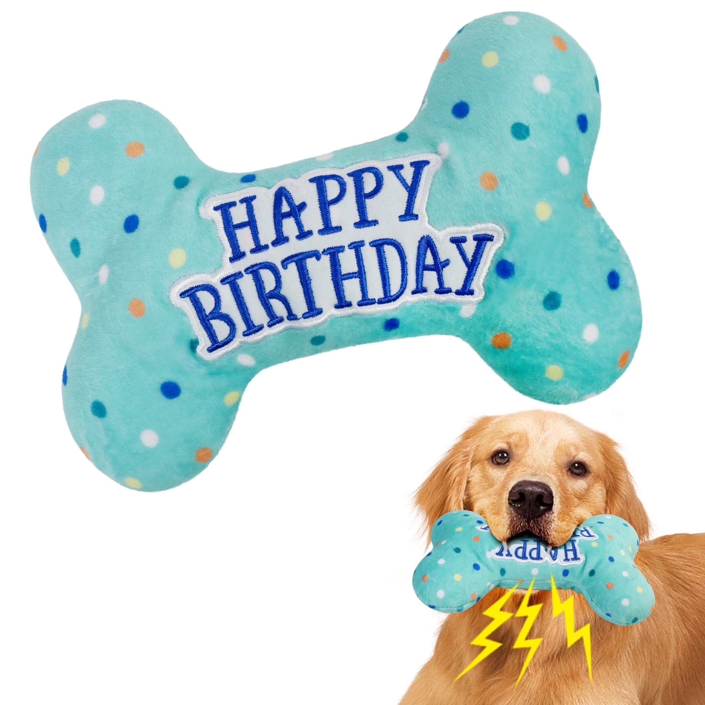 Dog Birthday Toys, Plush Dog Squeaky Toys, Dog Chew Toys Bone for Small Medium Large Dogs