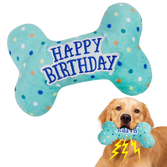 Dog Birthday Toys, Plush Dog Squeaky Toys, Dog Chew Toys Bone for Small Medium Large Dogs
