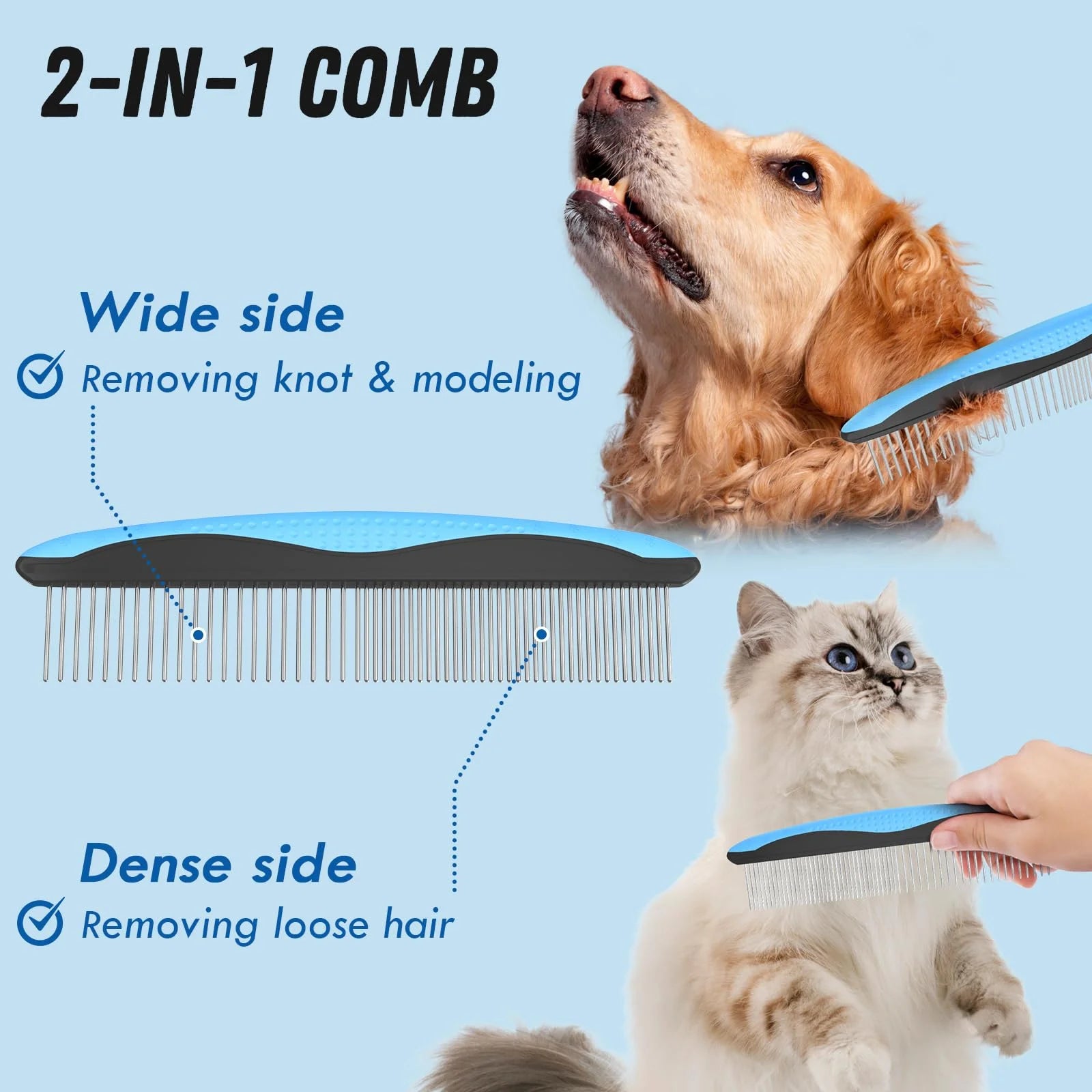 Pet Grooming Brush and Metal Comb, Cat Brush Undercoat Rake for Dogs Grooming Supplies Dematting Deshedding Brush for Shedding, Deshedder Brush Dogs Shedding Tool for Long Matted Haired Pets, Blue