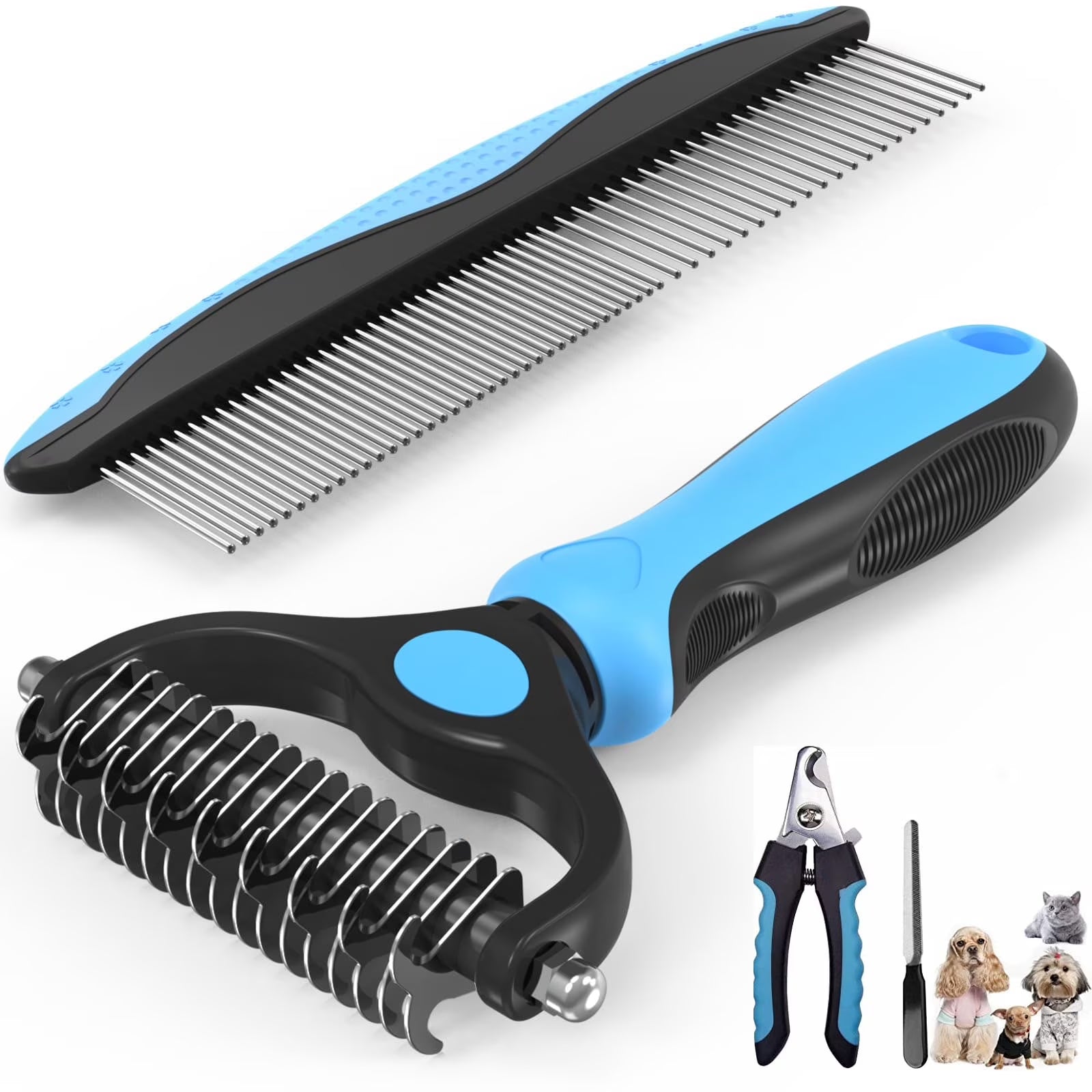 Pet Grooming Brush and Metal Comb, Cat Brush Undercoat Rake for Dogs Grooming Supplies Dematting Deshedding Brush for Shedding, Deshedder Brush Dogs Shedding Tool for Long Matted Haired Pets, Blue