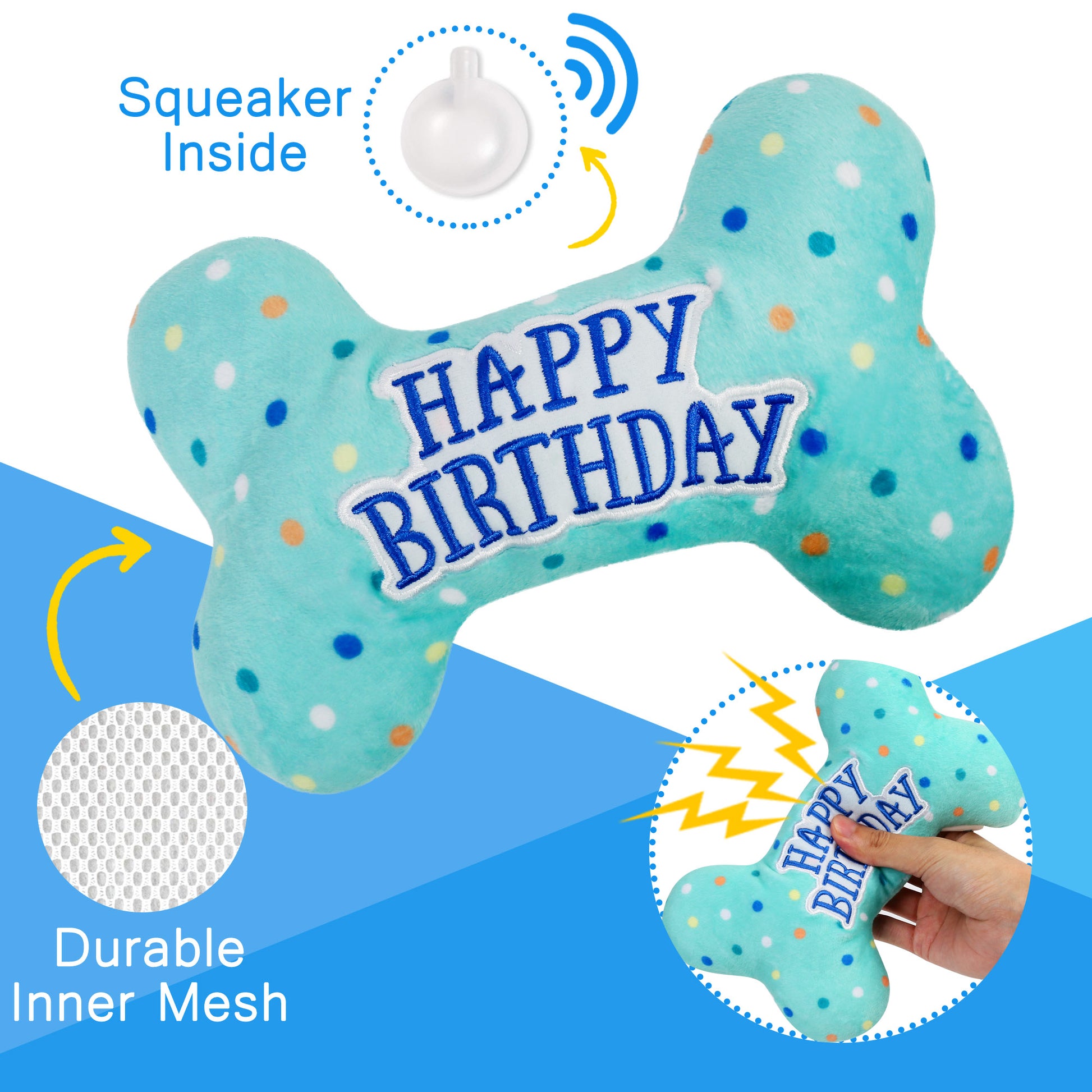 Dog Birthday Toys, Plush Dog Squeaky Toys, Dog Chew Toys Bone for Small Medium Large Dogs