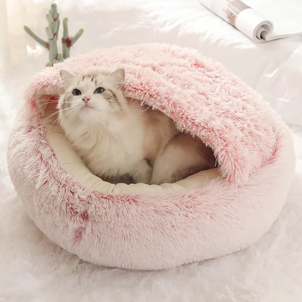 Cat Bed round Plush Hooded Cat Bed Cave, for Indoor Cats or Small Dog Beds, Calming Pet Beds Calm Anti-Nxiety Dog Bed, Waterproof Bottom Washable (16"X16")