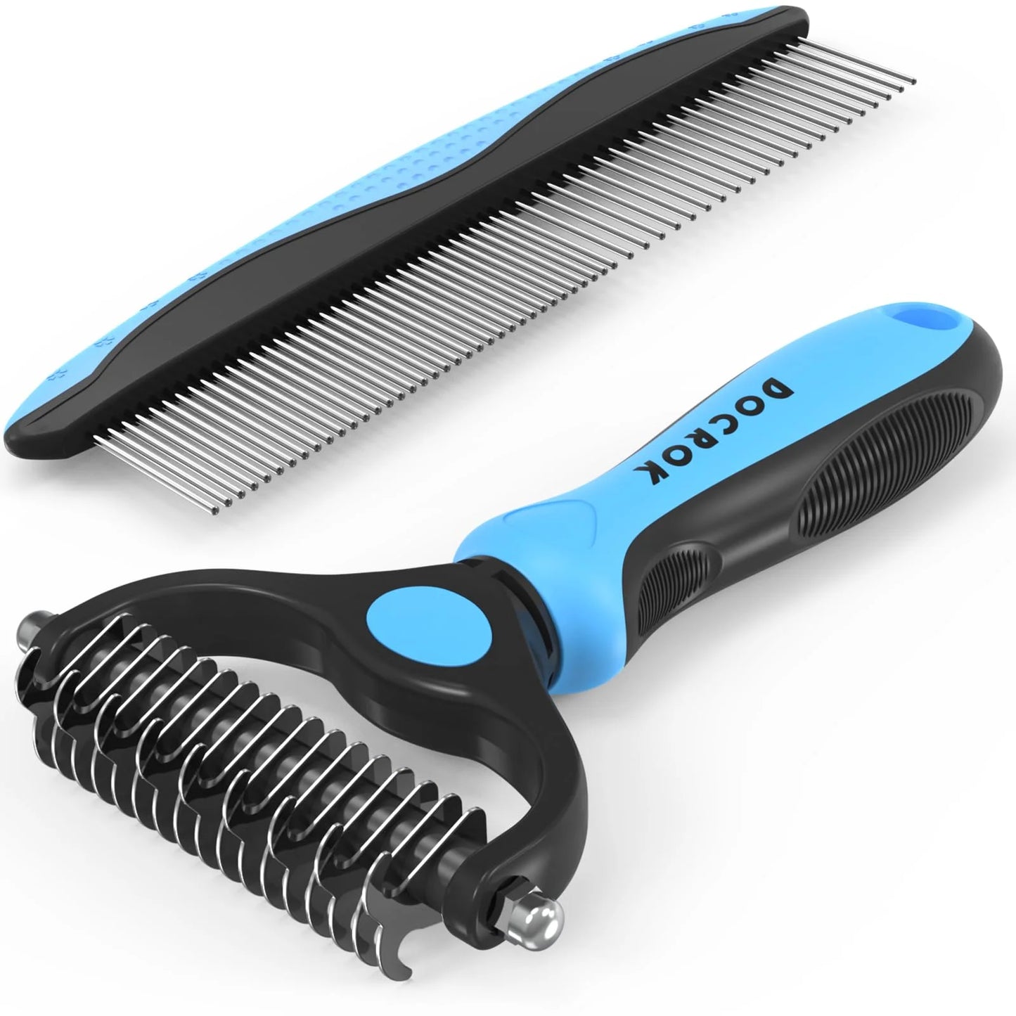 Pet Grooming Brush and Metal Comb, Cat Brush Undercoat Rake for Dogs Grooming Supplies Dematting Deshedding Brush for Shedding, Deshedder Brush Dogs Shedding Tool for Long Matted Haired Pets, Blue