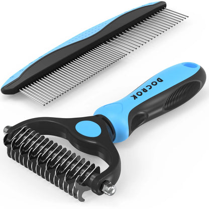 Pet Grooming Brush and Metal Comb, Cat Brush Undercoat Rake for Dogs Grooming Supplies Dematting Deshedding Brush for Shedding, Deshedder Brush Dogs Shedding Tool for Long Matted Haired Pets, Blue