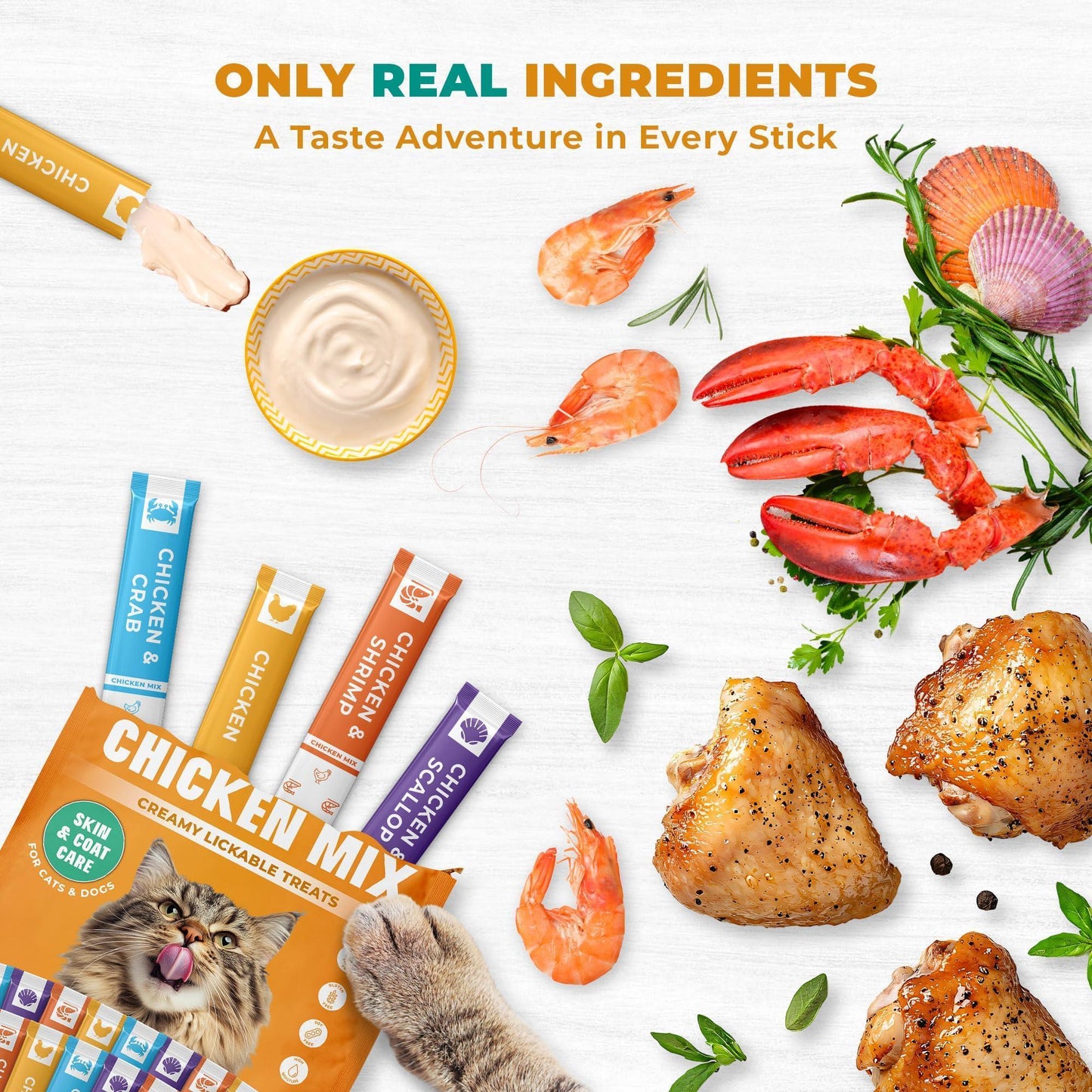 Creamy Lickable Cat Treats Wet Squeeze Tubes 20 Sticks Chicken Mix Liquid Cat Snacks Skin & Coat Care Multivitamin Treats for Cats & Small Dogs Lick Up