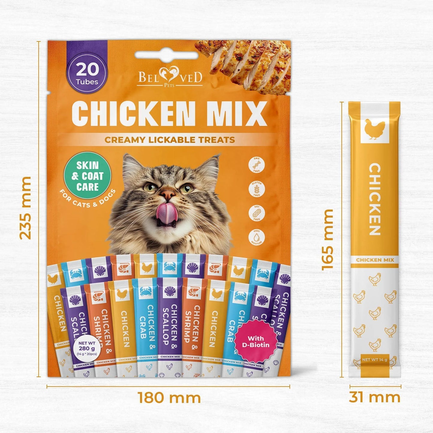 Creamy Lickable Cat Treats Wet Squeeze Tubes 20 Sticks Chicken Mix Liquid Cat Snacks Skin & Coat Care Multivitamin Treats for Cats & Small Dogs Lick Up